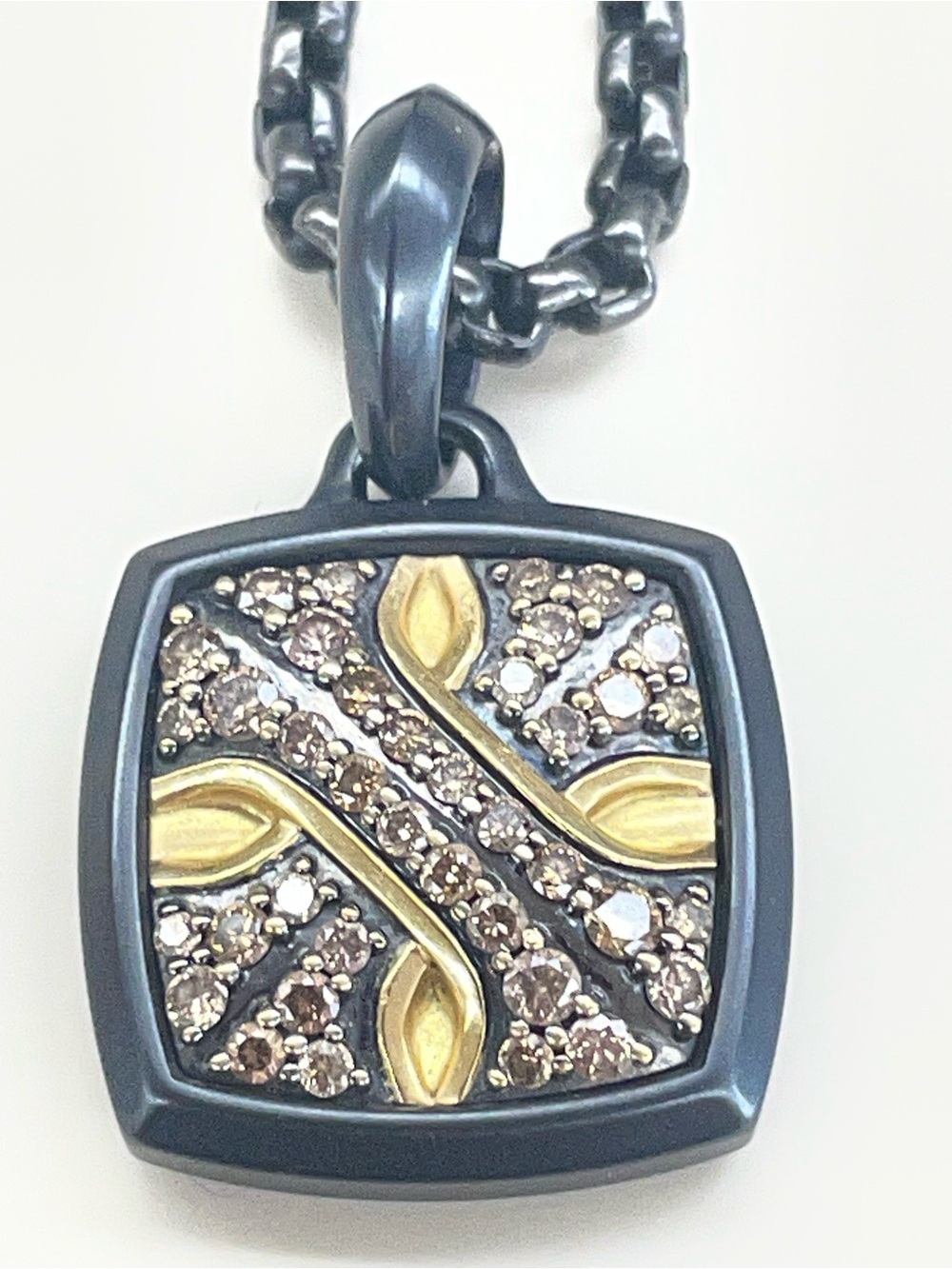 David Yurman Black and 18k Gold Pendant Necklace with cognac diamonds